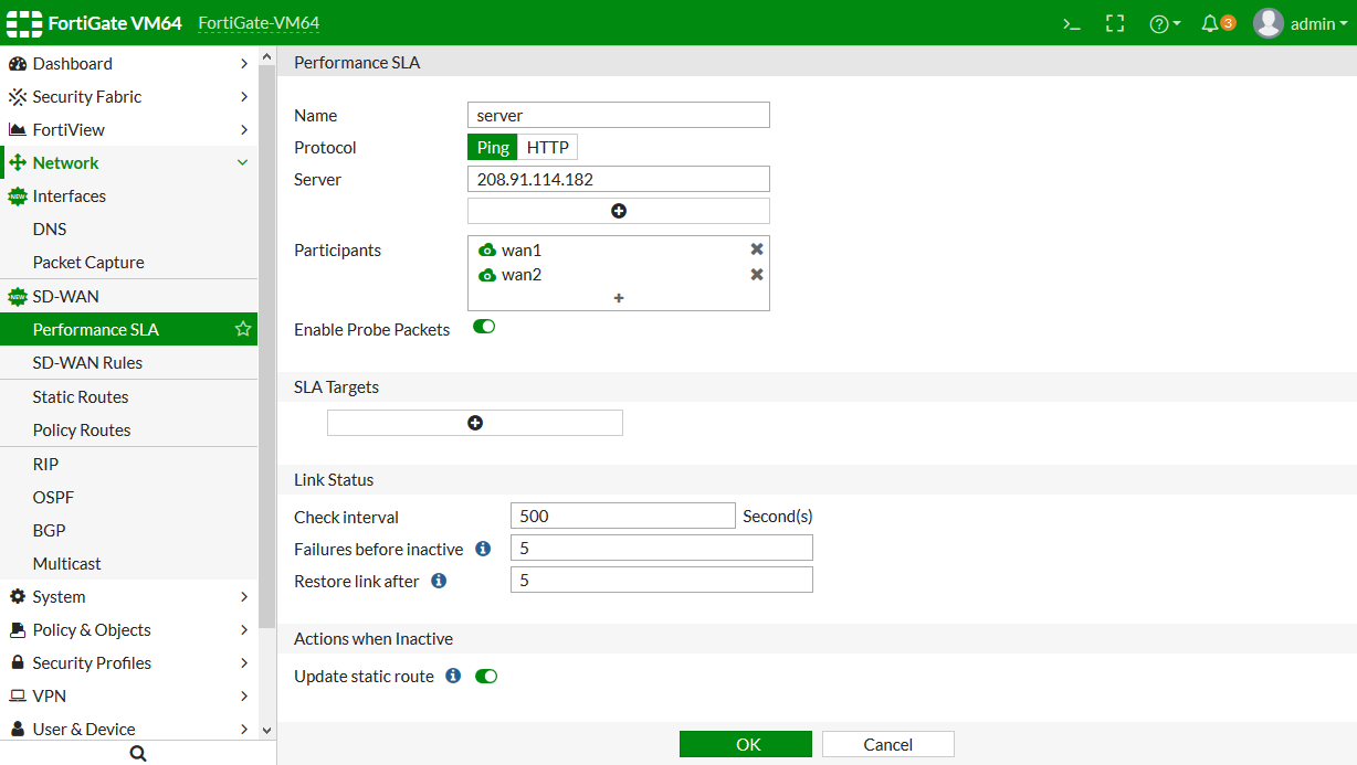 Performance SLA link monitoring FortiGate / FortiOS 6.2.15